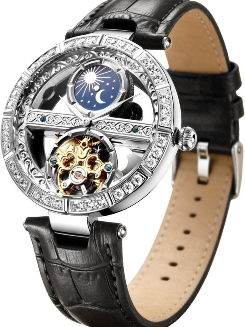 Luxury Rhinestone Automatic Mechanical Watch, Dual-Sided Skeleton Dial, Moon